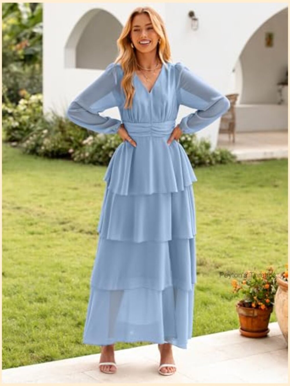 Flowy Maxi Dress Chiffon Long Sleeve Slit V Neck Ruffle Tiered Boho Fall - Picture 5 of 7